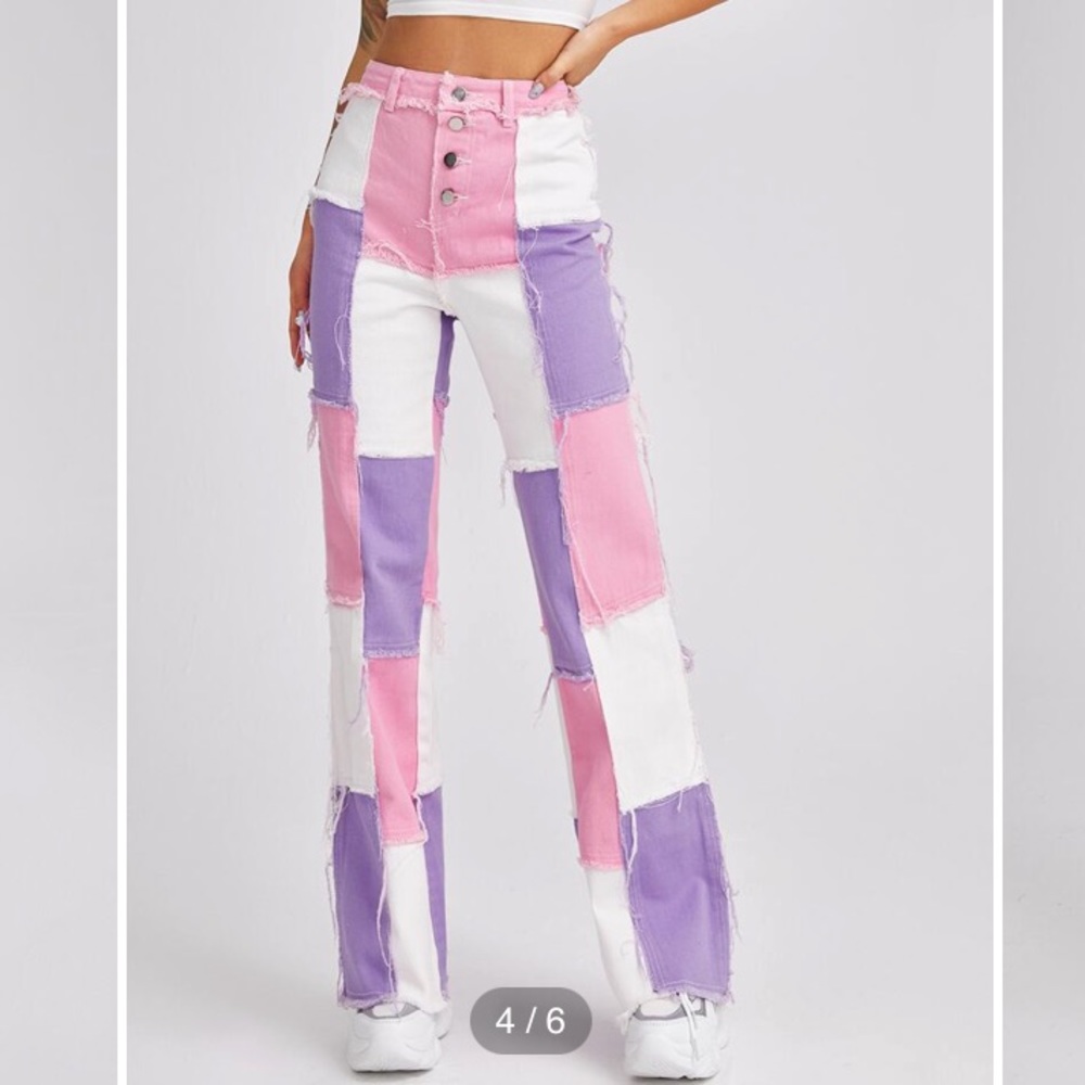 High Waist Button Fly Spliced Jeans